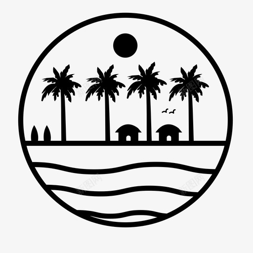 海滩小屋棕榈树图标svg_新图网 https://ixintu.com 冲浪 小屋 日出 棕榈树 海滩