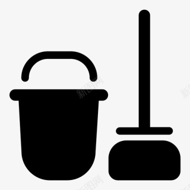 桶和扫帚清洁线性方形填充图标图标