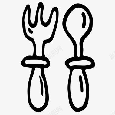 叉子和勺子餐具素描图标图标
