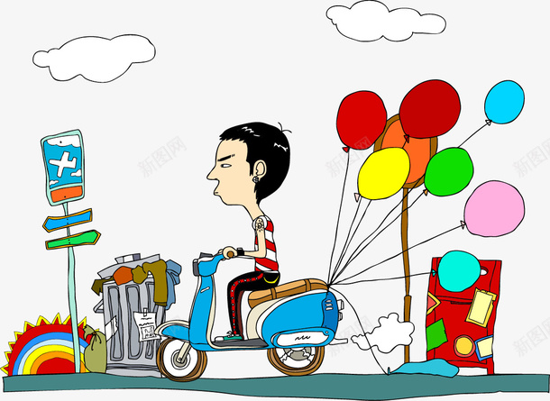 骑着绑着彩色气球的电动车矢量图ai免抠素材_新图网 https://ixintu.com 动动车 彩色 手绘 气球 矢量图