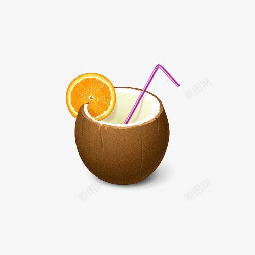 手绘好喝的椰子汁png免抠素材_新图网 https://ixintu.com 吸管 桔子 椰子 椰子汁