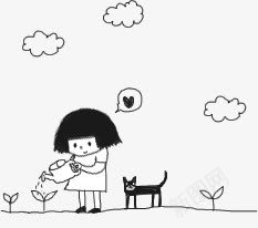 卡通女孩png免抠素材_新图网 https://ixintu.com 卡通女孩 可爱 女孩 浇花 黑猫