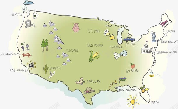 手绘北美地图png免抠素材_新图网 https://ixintu.com 分布 北美地图 手绘 植物种植