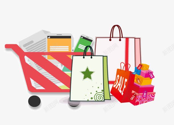 购物车和购物袋png免抠素材_新图网 https://ixintu.com 促销 卡通 手绘 购物 购物袋 购物车