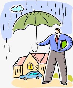 手绘青年为房子撑伞遮雨素材