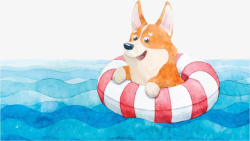 夏季沙滩边场景水彩手绘卡通游泳的狗矢量图高清图片