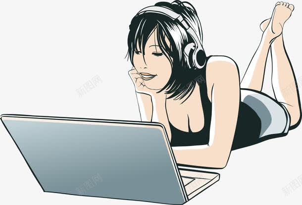 手绘玩电脑的女孩png免抠素材_新图网 https://ixintu.com 休闲 手绘 玩电脑的女孩