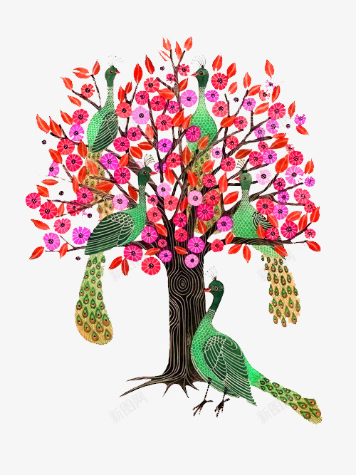 树上的孔雀图案psd免抠素材_新图网 https://ixintu.com 动物 大树 孔雀 树上的孔雀 树木