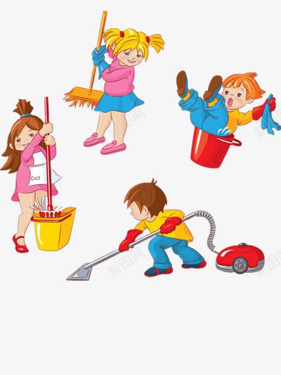 彩色的小孩png免抠素材_新图网 https://ixintu.com 五颜六色 做清洁 拖把 红桶