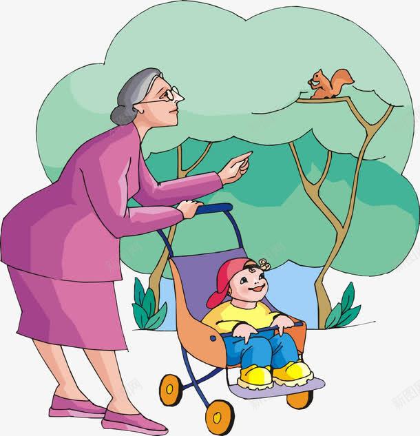 奶奶和孙子散步png免抠素材_新图网 https://ixintu.com 休闲 卡通手绘 奶奶和孙子 婴儿车 装饰 鸟儿