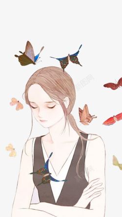 蝴蝶围绕的女孩手绘女孩高清图片