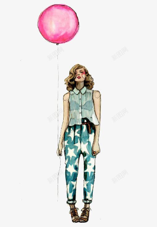 拿着气球的女人png免抠素材_新图网 https://ixintu.com 手绘女人 时尚 粉色气球
