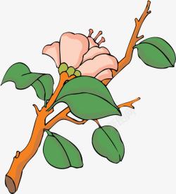 粉色手绘古风花朵绿叶植物素材