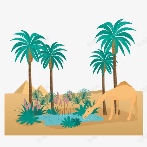 绿洲png免抠素材_新图网 https://ixintu.com 旅行 绿洲 金色 风景 骆驼