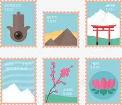六张邮票六张出国旅游邮票矢量图高清图片