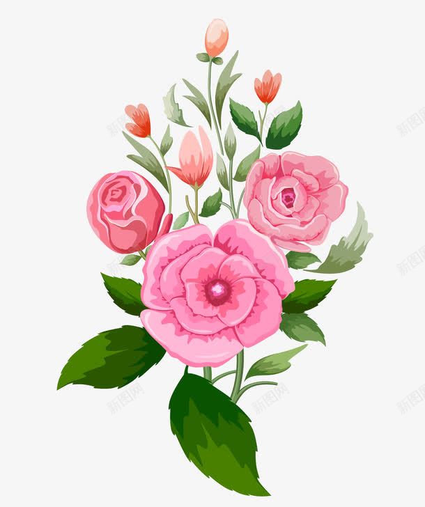 装饰花朵png免抠素材_新图网 https://ixintu.com 卡通 叶子 手绘 桔梗 粉色 绿色 花朵 装饰
