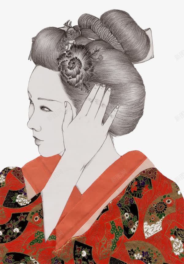 日姬png免抠素材_新图网 https://ixintu.com 和风 手绘人物 盘发 素描人物 红色衣服