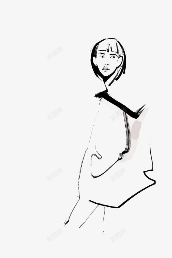 卡通时尚女人png免抠素材_新图网 https://ixintu.com 女人 时尚 模特 短发 线条 黑白