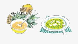 盘子餐布菠萝酱与汤高清图片