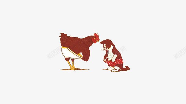 鸡与猫插画png免抠素材_新图网 https://ixintu.com 公鸡 动物 手绘 插画 海报设计 猫 设计 鸡