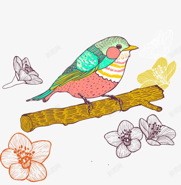 手绘卡通彩色桃花树枝上鸟png免抠素材_新图网 https://ixintu.com 卡通的鸟 平面鸟素材 彩色的桃花 手绘的动物 树枝上的鸟