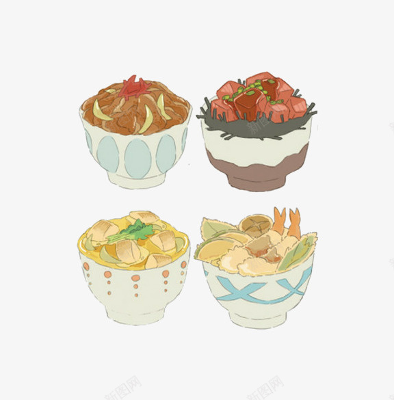 四碗食物png免抠素材_新图网 https://ixintu.com 拌饭手绘 插画 碗 食物 饭