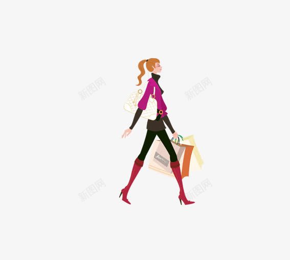 购物的时尚女人png免抠素材_新图网 https://ixintu.com 卡通人物 卡通女人 卡通购物袋 咖色 红色 黑色
