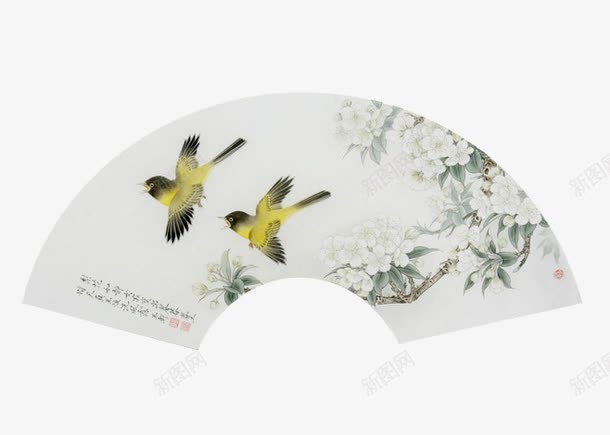 白色扇图png免抠素材_新图网 https://ixintu.com 产品实物 图案 小鸟 扇面画 风景