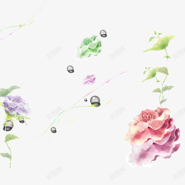 唯美鲜花png免抠素材_新图网 https://ixintu.com 手绘 散落 水彩 粉色 绿叶 花朵 花瓣 花蕊