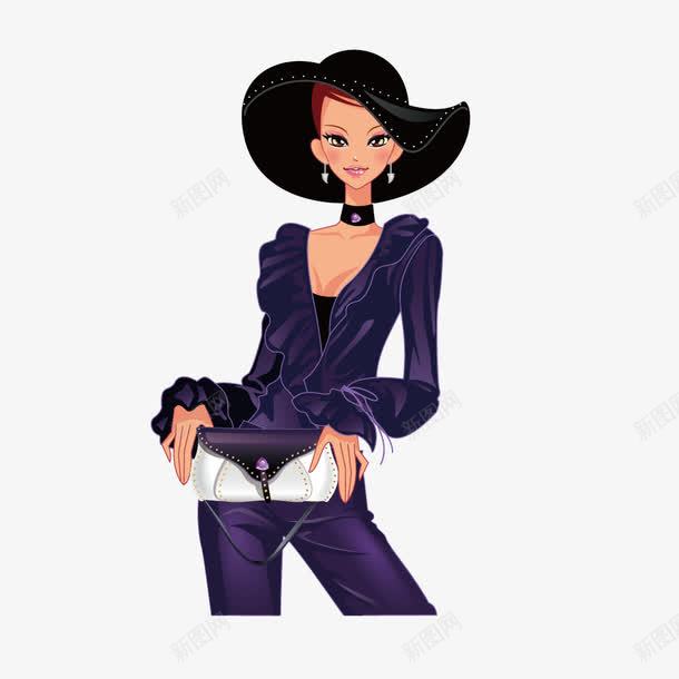 黑帽子紫色套装时尚女性png免抠素材_新图网 https://ixintu.com 服装 服装设计 模特