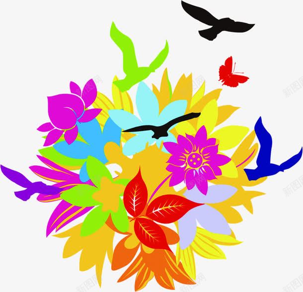 手绘彩色花卉和鸟png免抠素材_新图网 https://ixintu.com 彩色 手绘 花卉