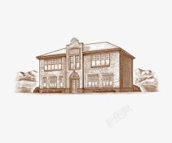 木刻画素描风格欧式庄园建筑单色木刻画高清图片
