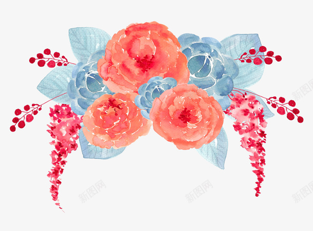 花卉装饰png免抠素材_新图网 https://ixintu.com 水彩植物 红色花朵 花朵 蓝色叶子