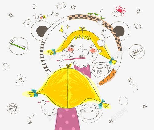 手绘小女孩刷牙png免抠素材_新图网 https://ixintu.com 卡通 太阳 小女孩 漫画 牙刷