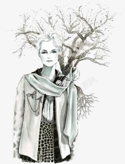 深林插画素描美女深林插画高清图片