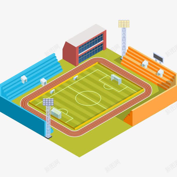 体育场地png免抠素材_新图网 https://ixintu.com 体育场地 卡通 座椅 手绘 绿色 草地 蓝色 黄色
