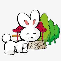 一只白兔绿树和小白兔高清图片