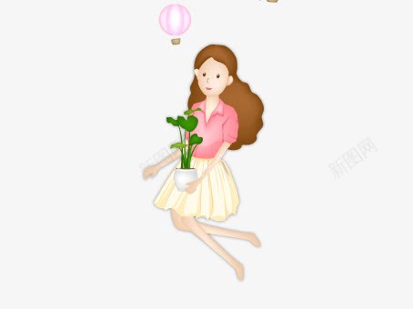 抱着植物的女孩子png免抠素材_新图网 https://ixintu.com 植物粉色上衣黄色百褶裙