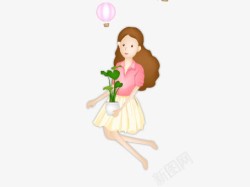 粉色百褶裙抱着植物的女孩子高清图片