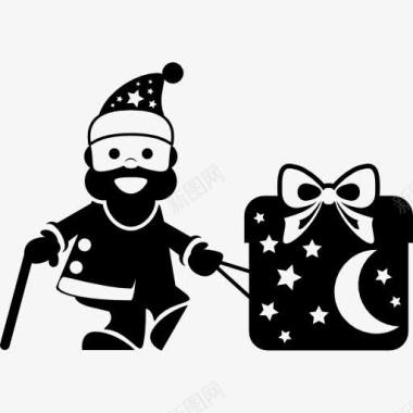圣诞老人用手杖在一个巨大的礼品盒图标图标