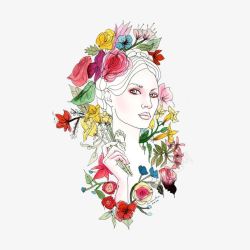 女人花插画手绘浪漫拿花的美女高清图片