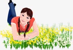 花丛中的黄衣女子趴在花丛中的女子矢量图高清图片