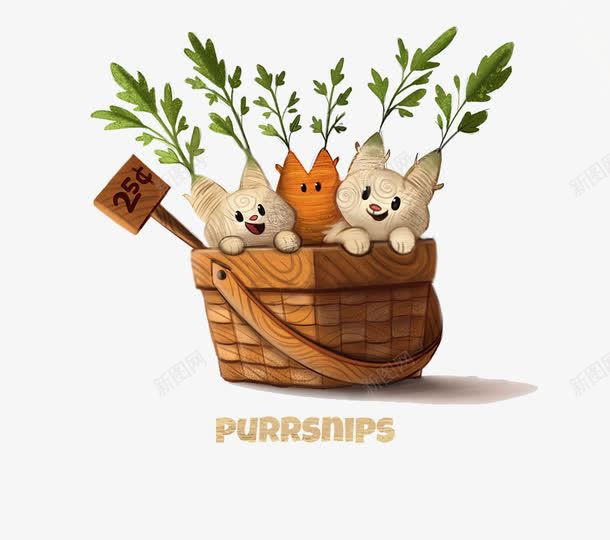 猫插画png免抠素材_新图网 https://ixintu.com 三只小猫 卡通猫 可爱的小猫 木篮子 桶 篮子 红白萝卜 萝卜猫