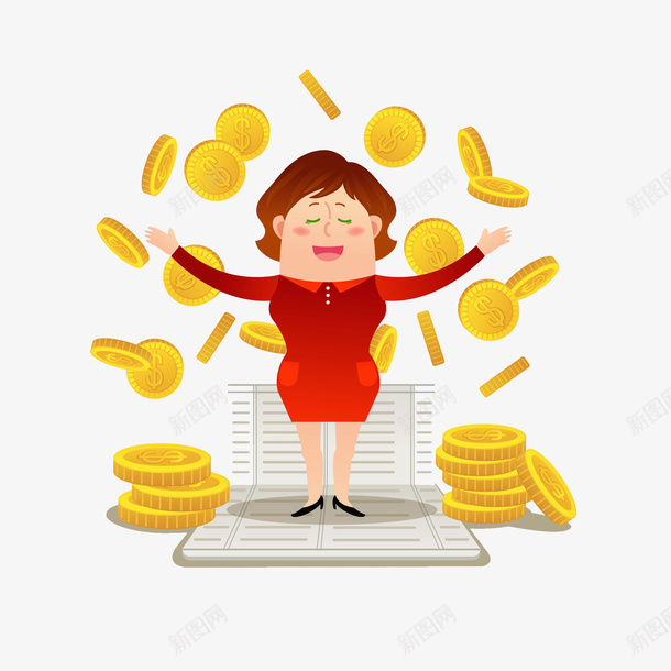 开心的女人png免抠素材_新图网 https://ixintu.com 卡通 女人 开心的 洒落的 红色的 金币 高兴地