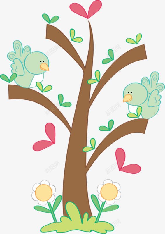 卡通小鸟与树png免抠素材_新图网 https://ixintu.com 可爱 小鸟 手绘 树叶 树枝
