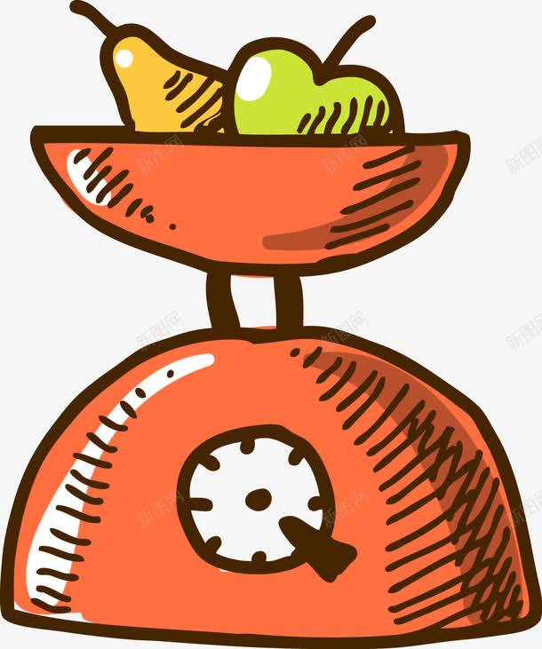 秤和水果png免抠素材_新图网 https://ixintu.com 卡通 手绘 指针 梨子 棕色 水果 秤 简图 绿色