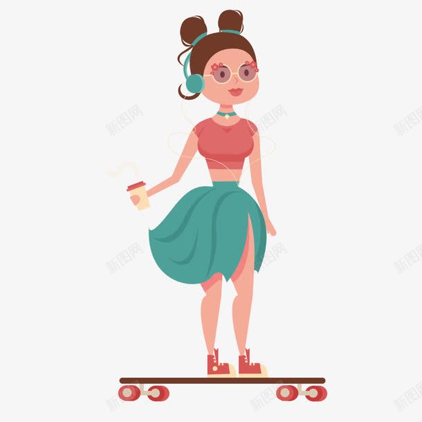 滑板听音乐的女孩png免抠素材_新图网 https://ixintu.com 女孩 滑板 运动 音乐