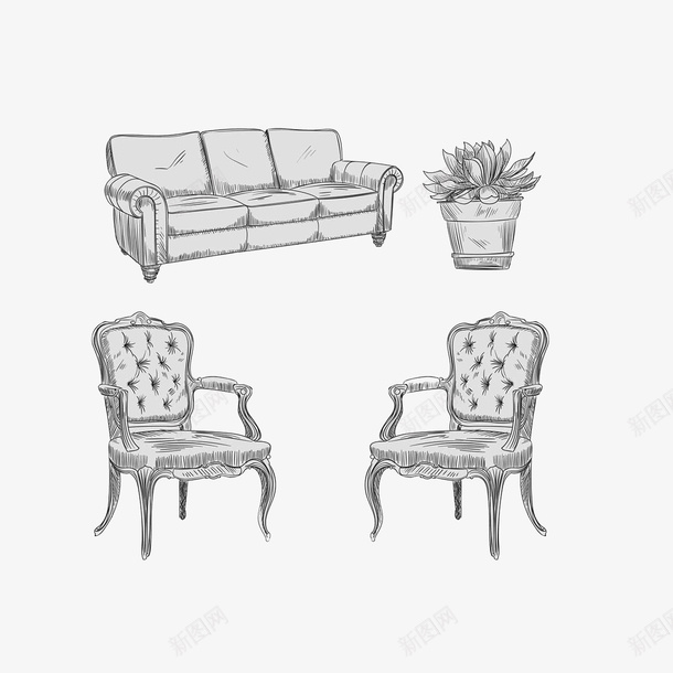客厅家具手绘图psd免抠素材_新图网 https://ixintu.com 客厅家具手绘图 家具简笔 座椅 盆栽 舒适的沙发