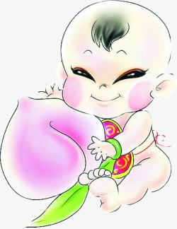 中国画抱桃子的小孩中秋素材