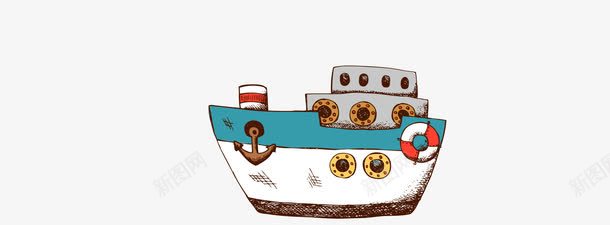 卡通轮船png免抠素材_新图网 https://ixintu.com 一艘 卡通 手绘 救生圈 白色的 绿色的 船锚 轮船